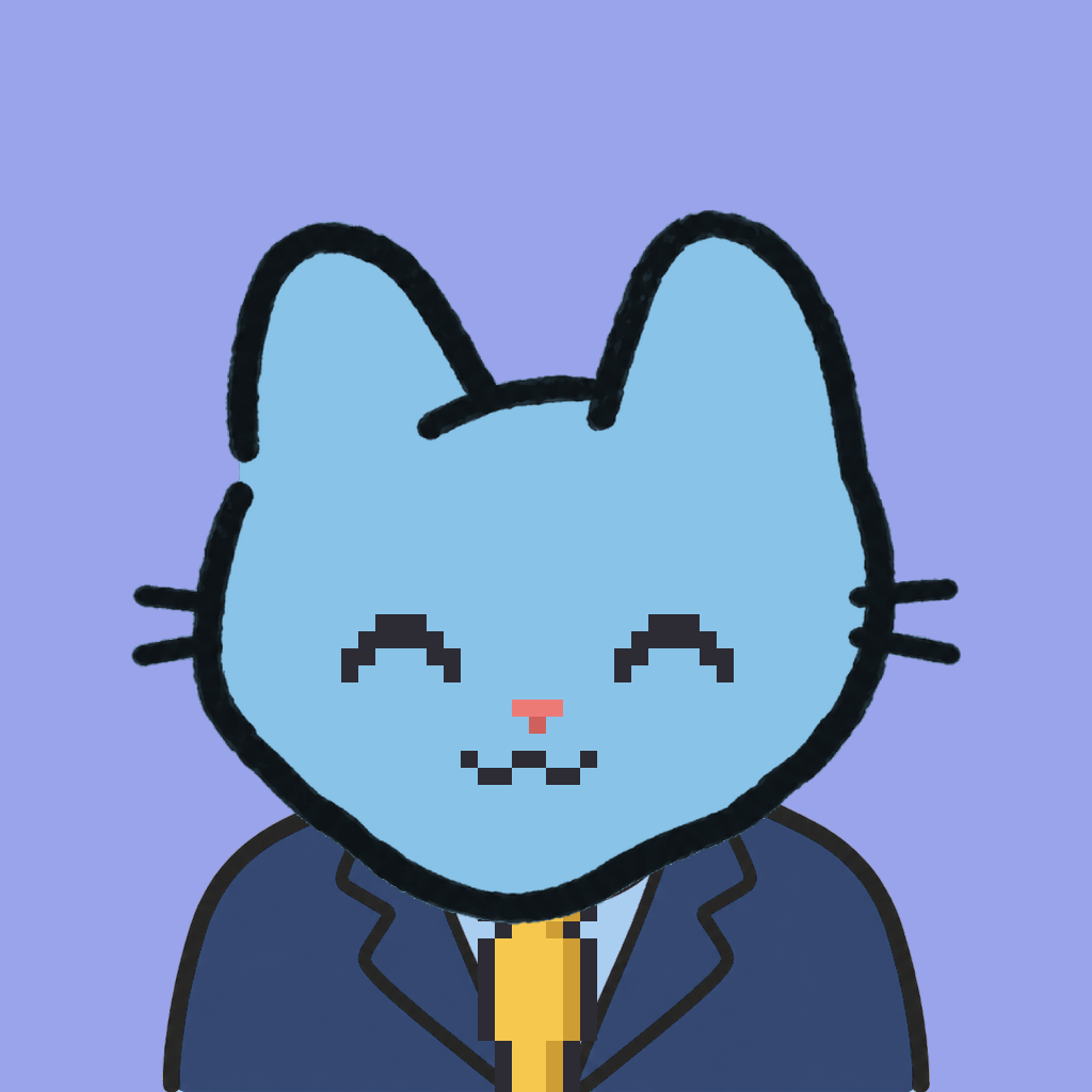 Employee #2556 — a sky cat, in a navy suit, with a gold tie, on periwinkle