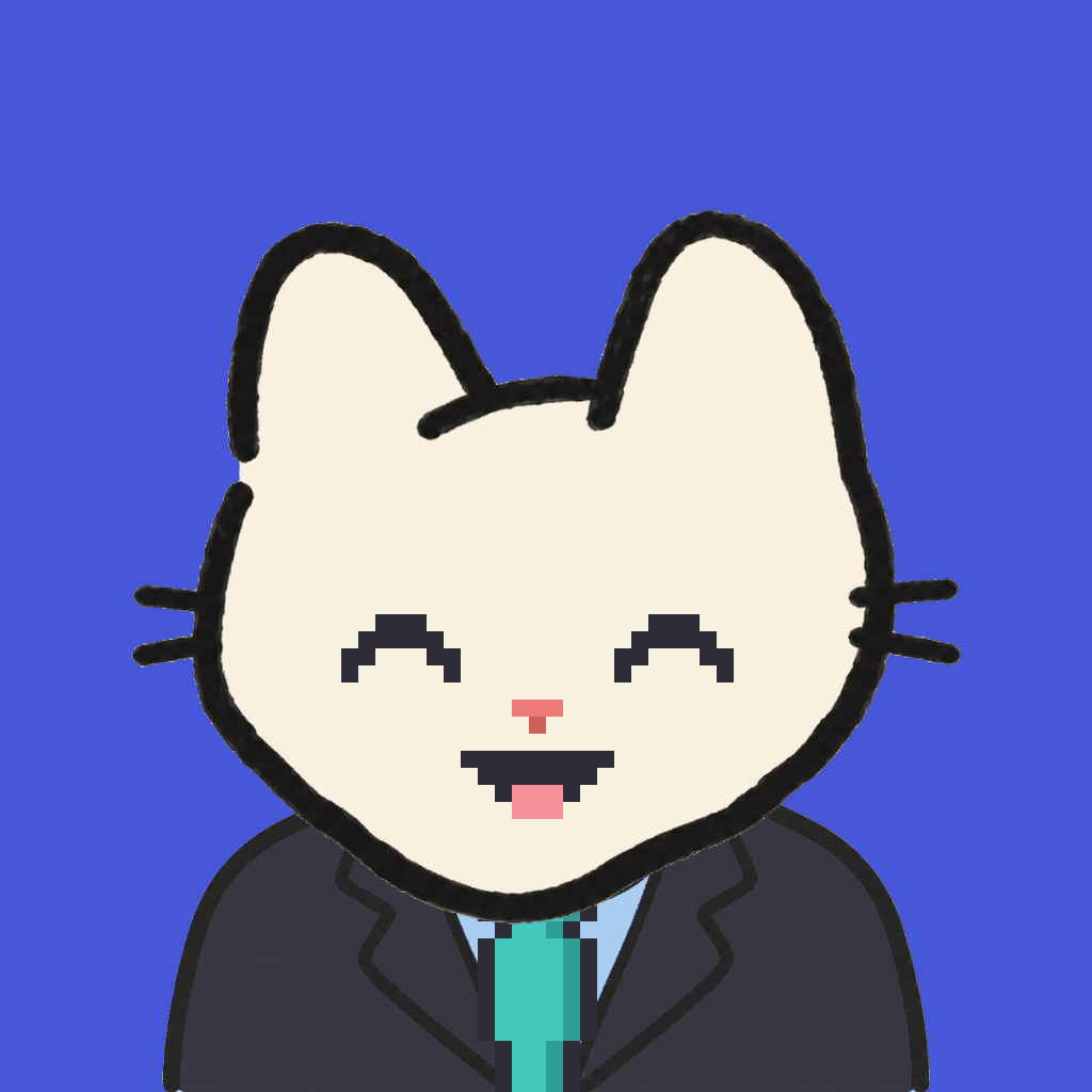 Employee #2558 — a cream cat, in a black suit, with a teal tie, on royal