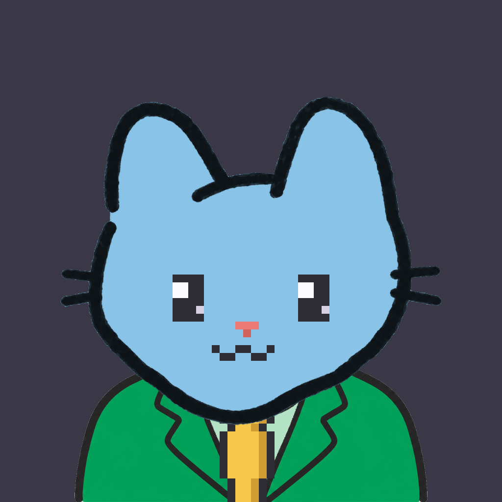 Employee #2559 — a sky cat, in a green suit, with a gold tie, on charcoal