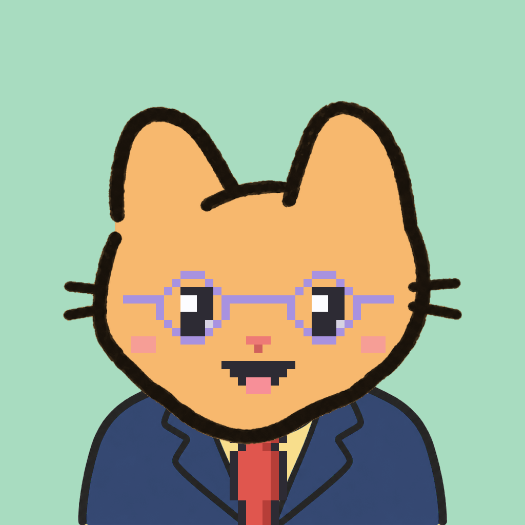 Employee #0256 — a tabby cat, in a navy suit, with a red tie, wearing round-lavender glasses, on mint