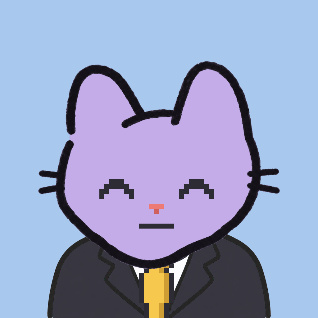 Employee #2560 — a lavender cat, in a black suit, with a gold tie, on sky