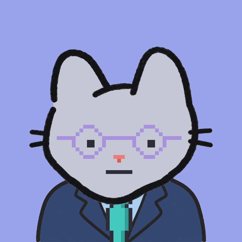 Employee #2561 — a gray cat, in a navy suit, with a teal tie, wearing round-lavender glasses, on periwinkle