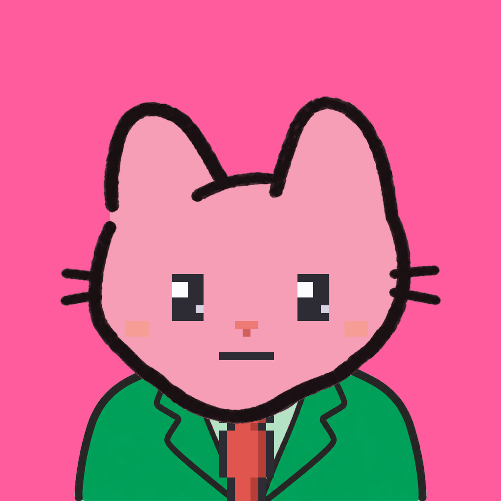 Employee #2562 — a pink cat, in a green suit, with a red tie, on hot pink