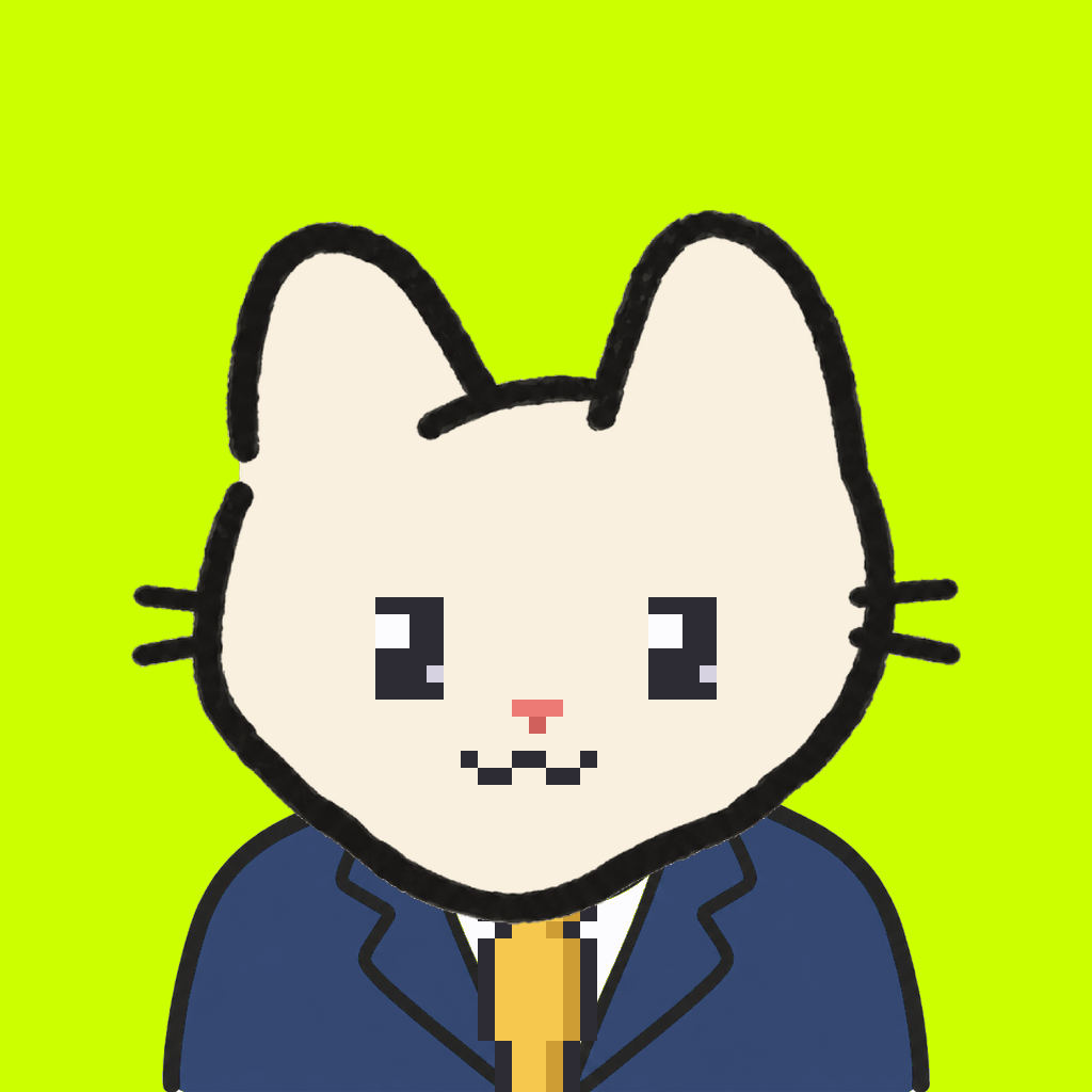 Employee #2563 — a cream cat, in a navy suit, with a gold tie, on volt