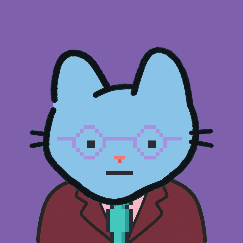 Employee #2564 — a sky cat, in a burgundy suit, with a teal tie, wearing round-lavender glasses, on plasma violet