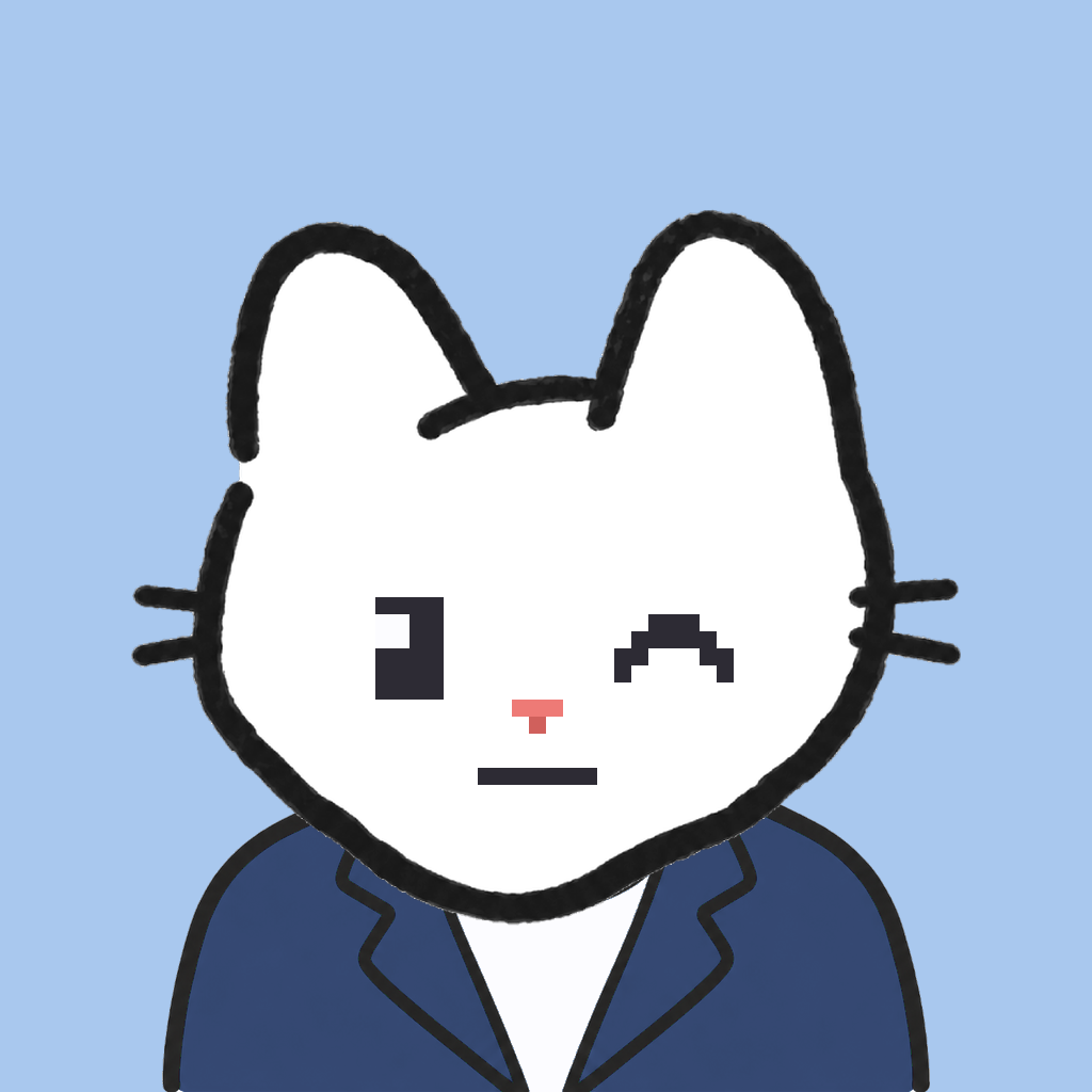 Employee #2565 — a white cat, in a navy suit, on sky