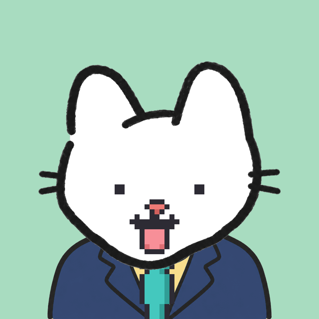 Employee #2566 — a white cat, in a navy suit, with a teal tie, on mint
