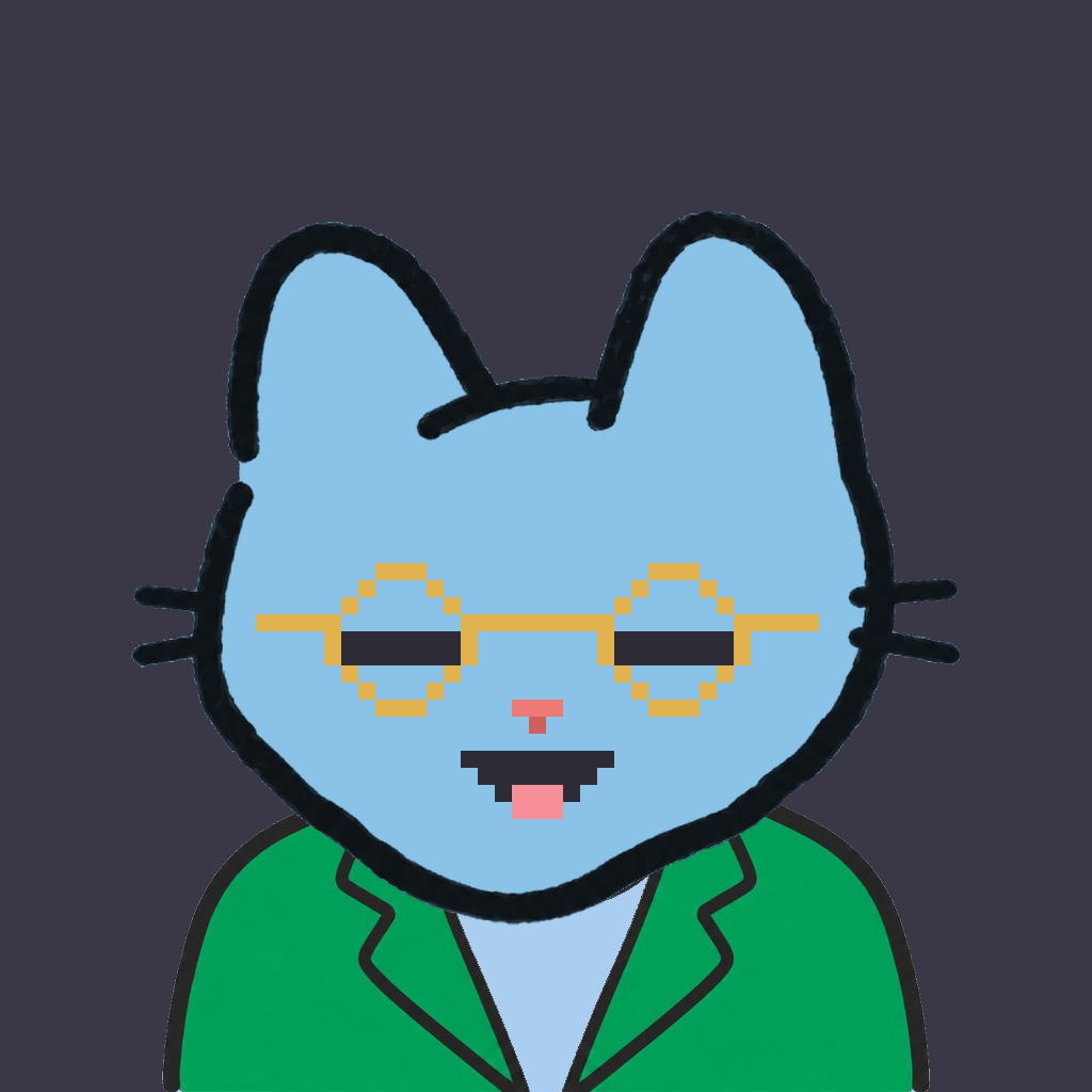 Employee #2567 — a sky cat, in a green suit, wearing round-gold glasses, on charcoal