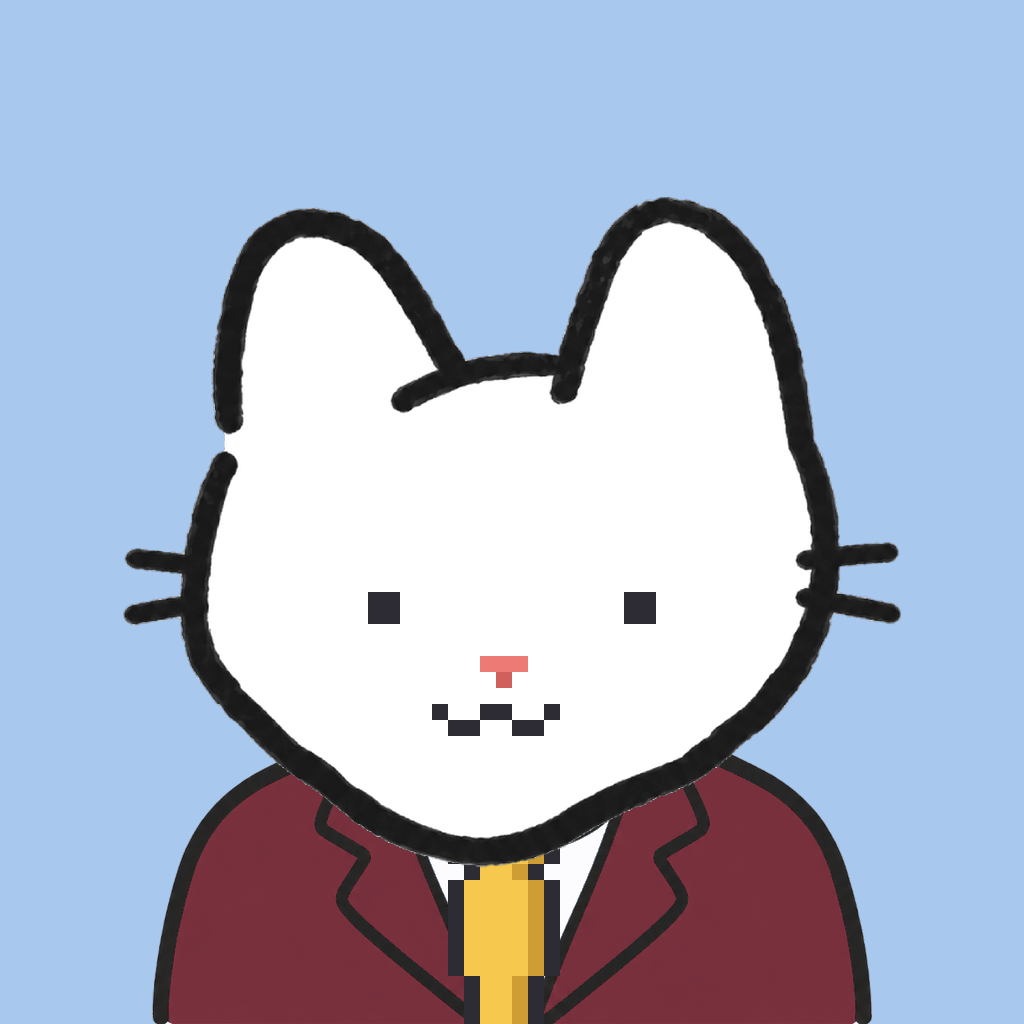 Employee #2568 — a white cat, in a burgundy suit, with a gold tie, on sky