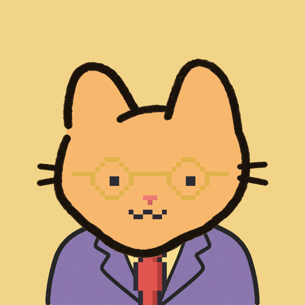 Employee #0257 — a tabby cat, in a lavender suit, with a red tie, wearing round-gold glasses, on butter