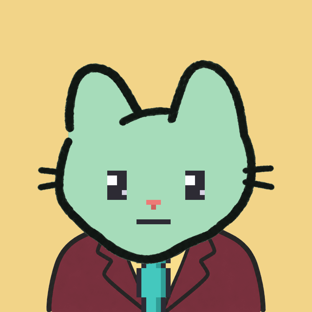 Employee #2570 — a mint cat, in a burgundy suit, with a teal tie, on butter