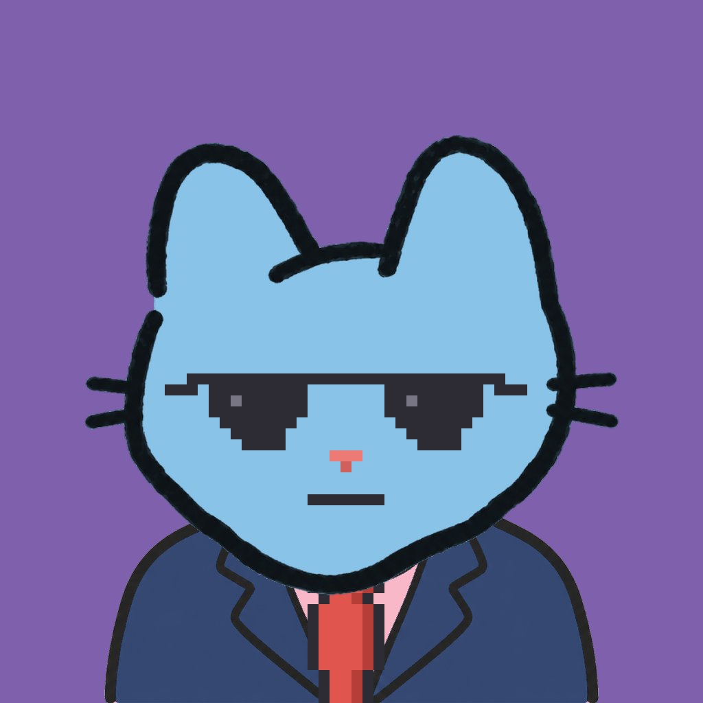 Employee #2571 — a sky cat, in a navy suit, with a red tie, wearing shades glasses, on plasma violet