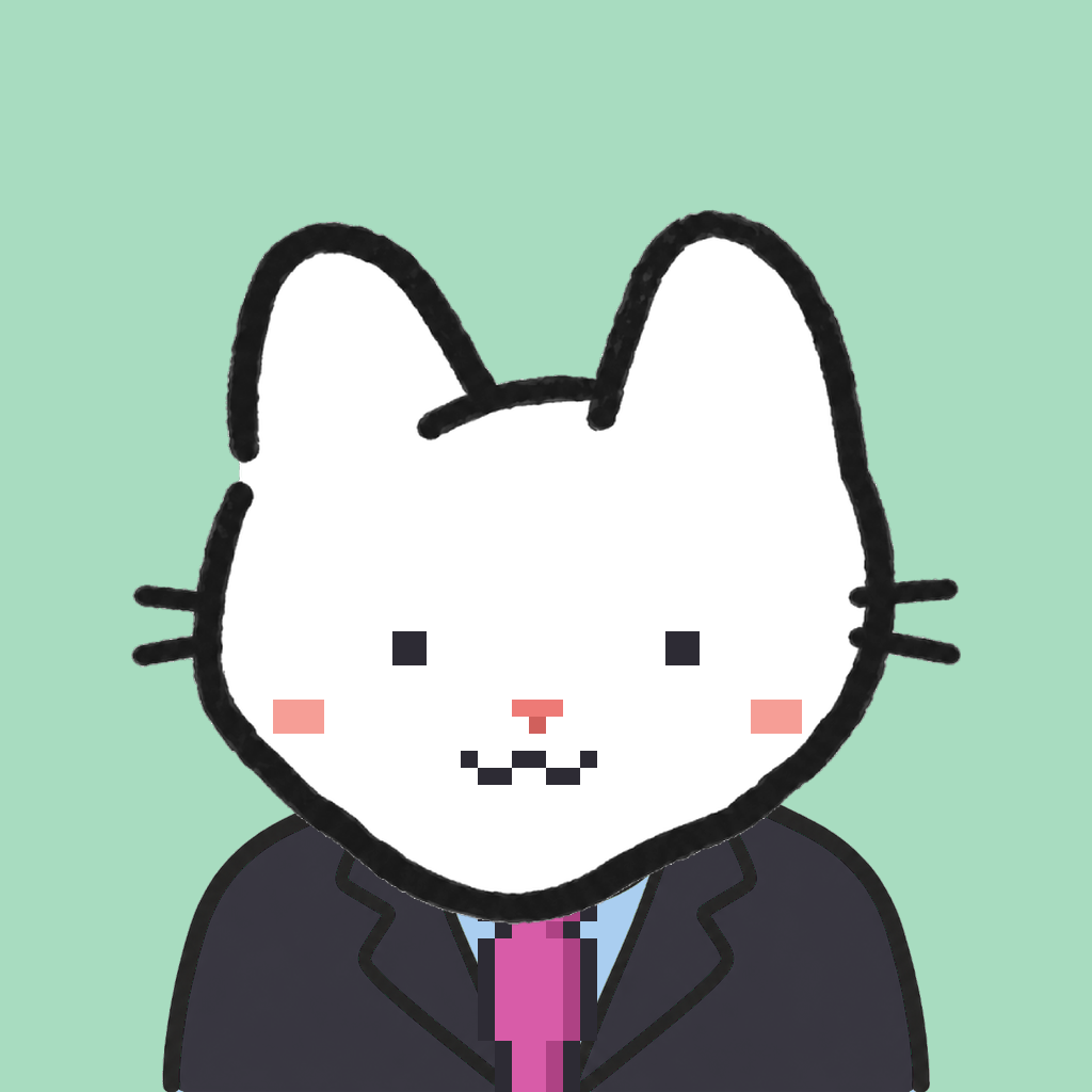 Employee #2572 — a white cat, in a black suit, with a magenta tie, on mint