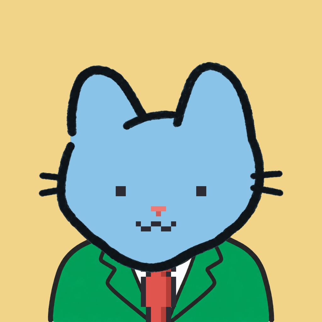 Employee #2573 — a sky cat, in a green suit, with a red tie, on butter