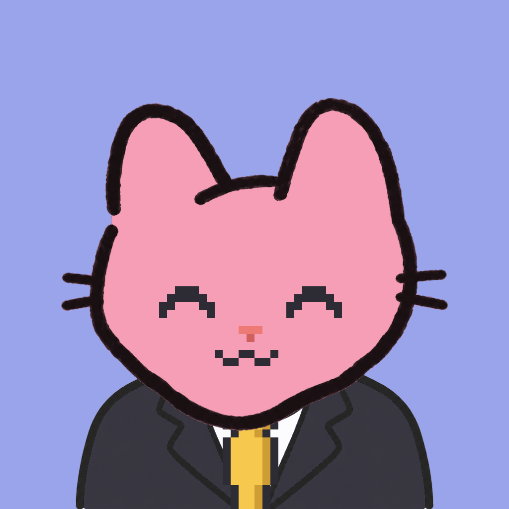 Employee #2574 — a pink cat, in a black suit, with a gold tie, on periwinkle