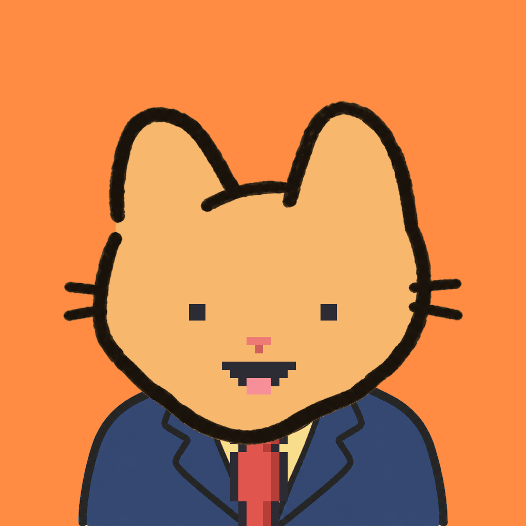 Employee #2575 — a tabby cat, in a navy suit, with a red tie, on tangerine