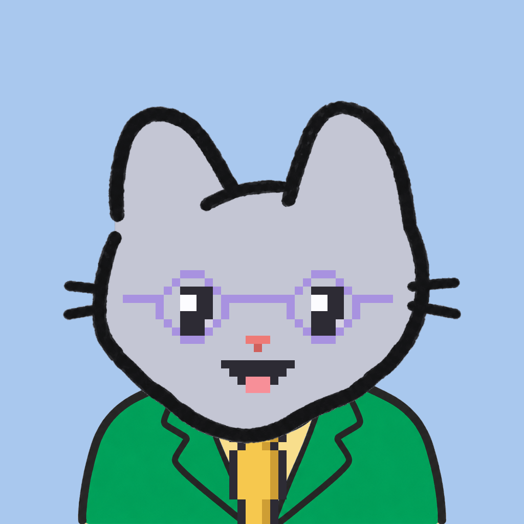 Employee #2576 — a gray cat, in a green suit, with a gold tie, wearing round-lavender glasses, on sky