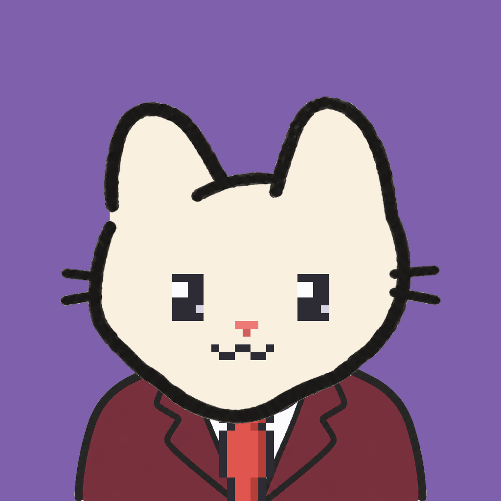 Employee #2577 — a cream cat, in a burgundy suit, with a red tie, on plasma violet
