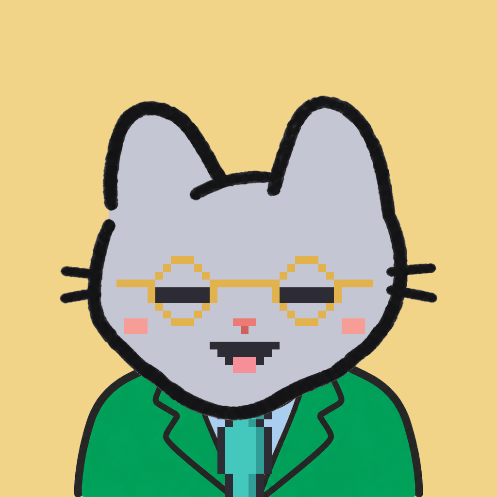 Employee #2578 — a gray cat, in a green suit, with a teal tie, wearing round-gold glasses, on butter
