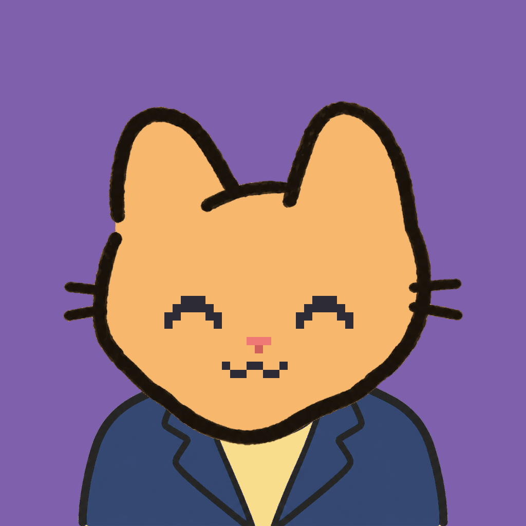 Employee #2579 — a tabby cat, in a navy suit, on plasma violet