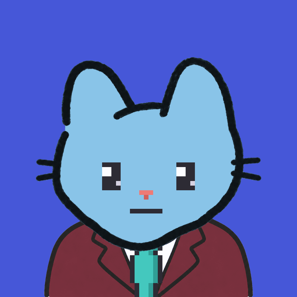 Employee #0258 — a sky cat, in a burgundy suit, with a teal tie, on royal