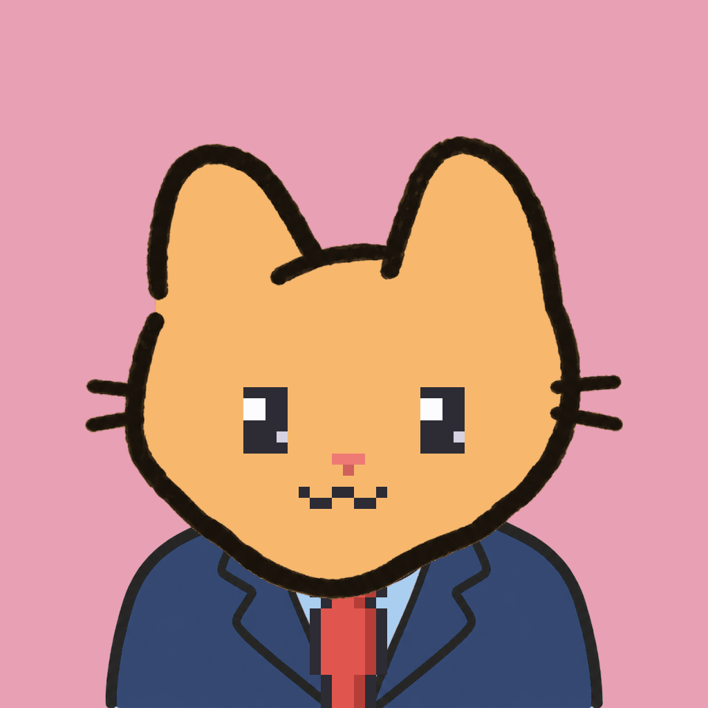 Employee #2580 — a tabby cat, in a navy suit, with a red tie, on rose