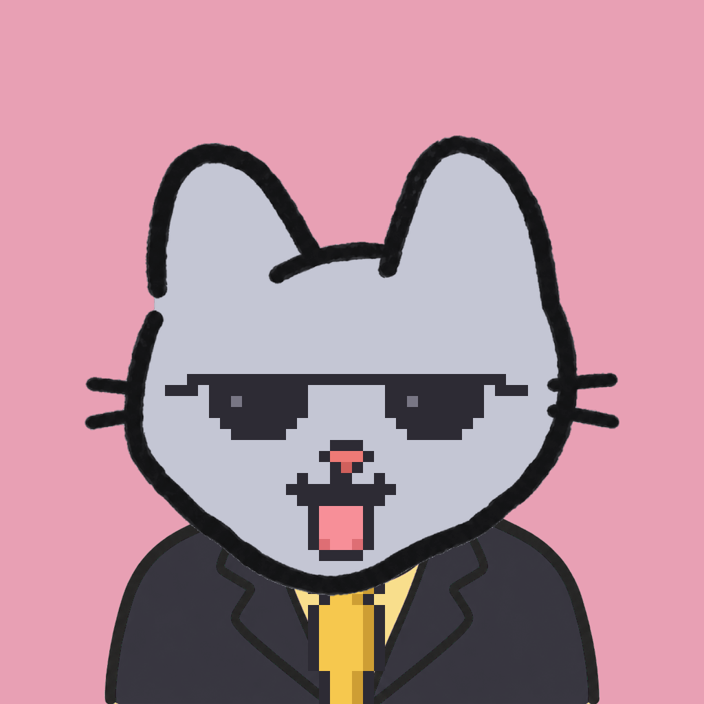 Employee #2581 — a gray cat, in a black suit, with a gold tie, wearing shades glasses, on rose