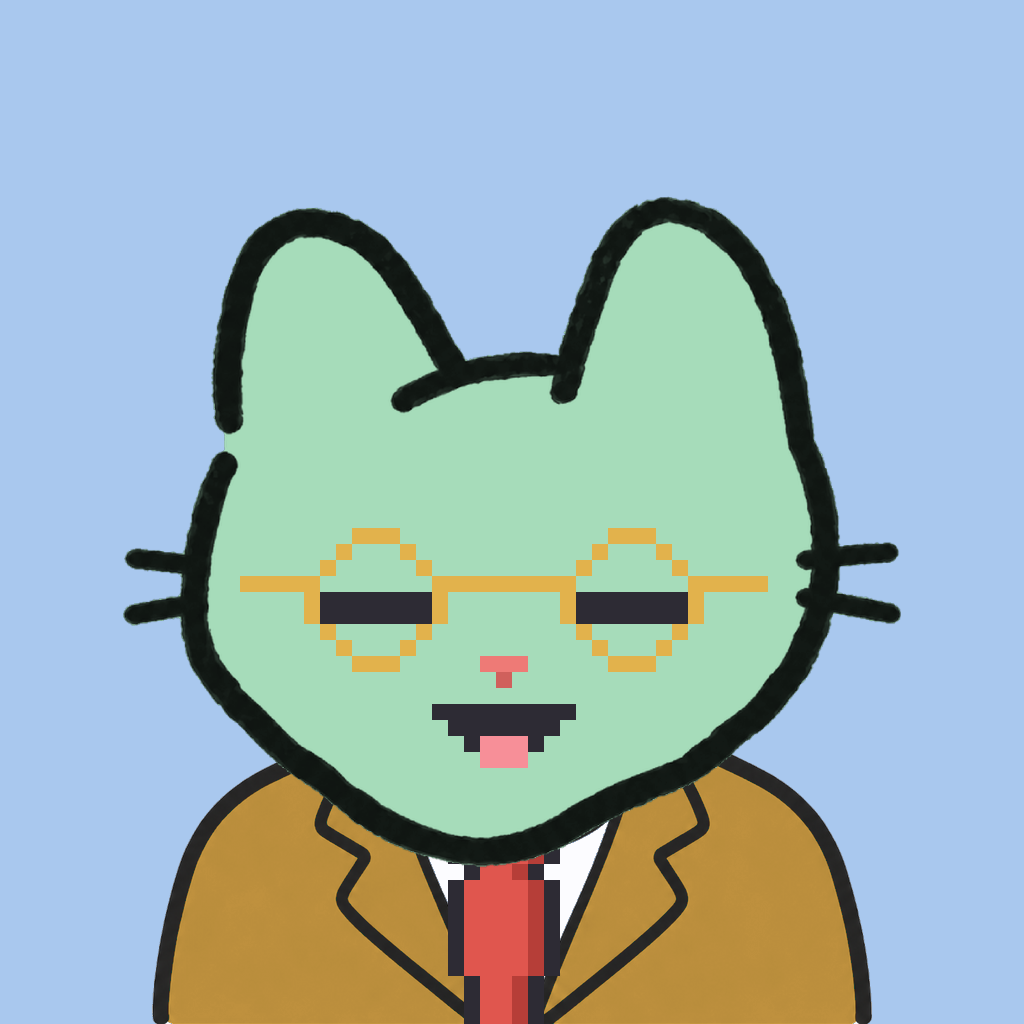 Employee #2582 — a mint cat, in a mustard suit, with a red tie, wearing round-gold glasses, on sky