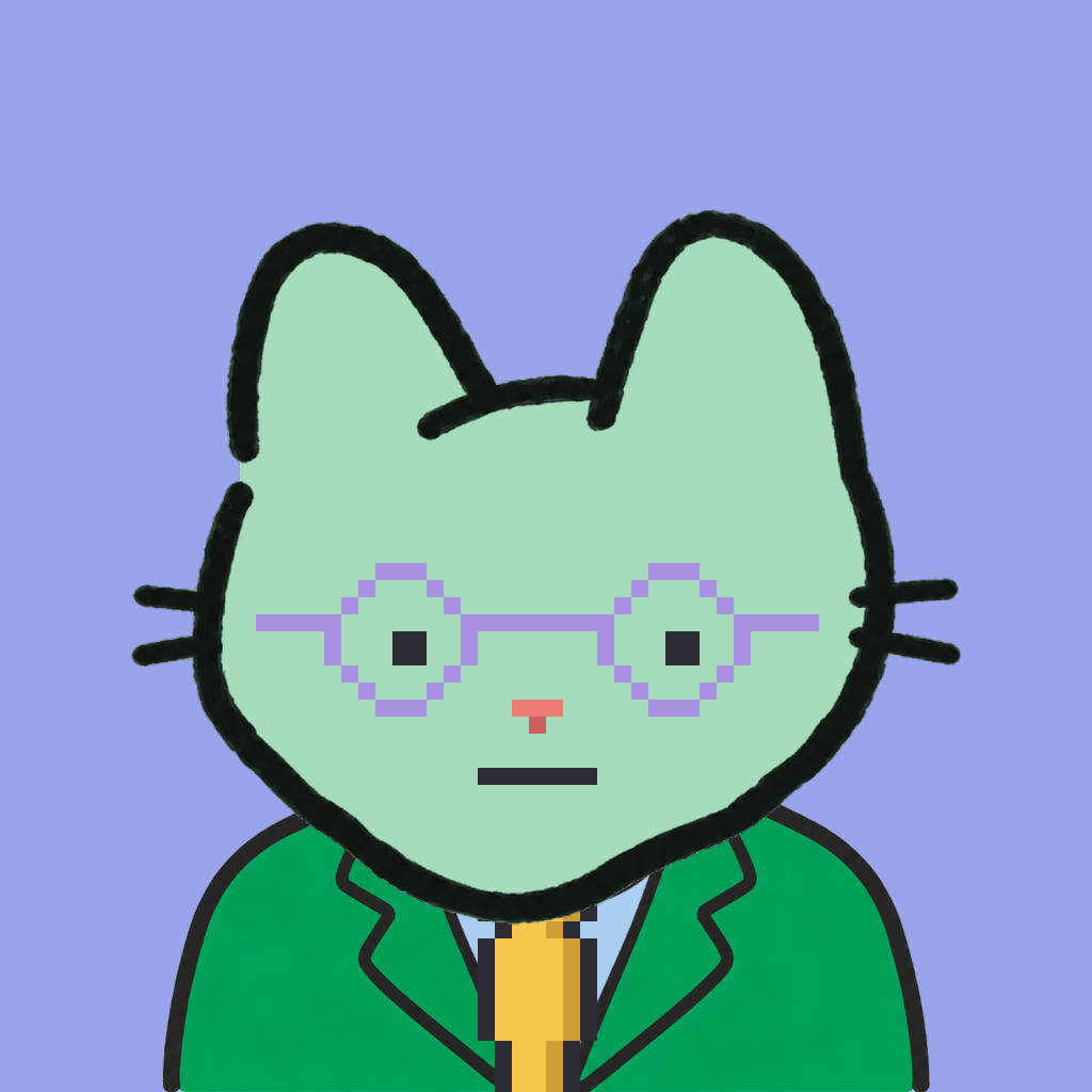 Employee #2583 — a mint cat, in a green suit, with a gold tie, wearing round-lavender glasses, on periwinkle