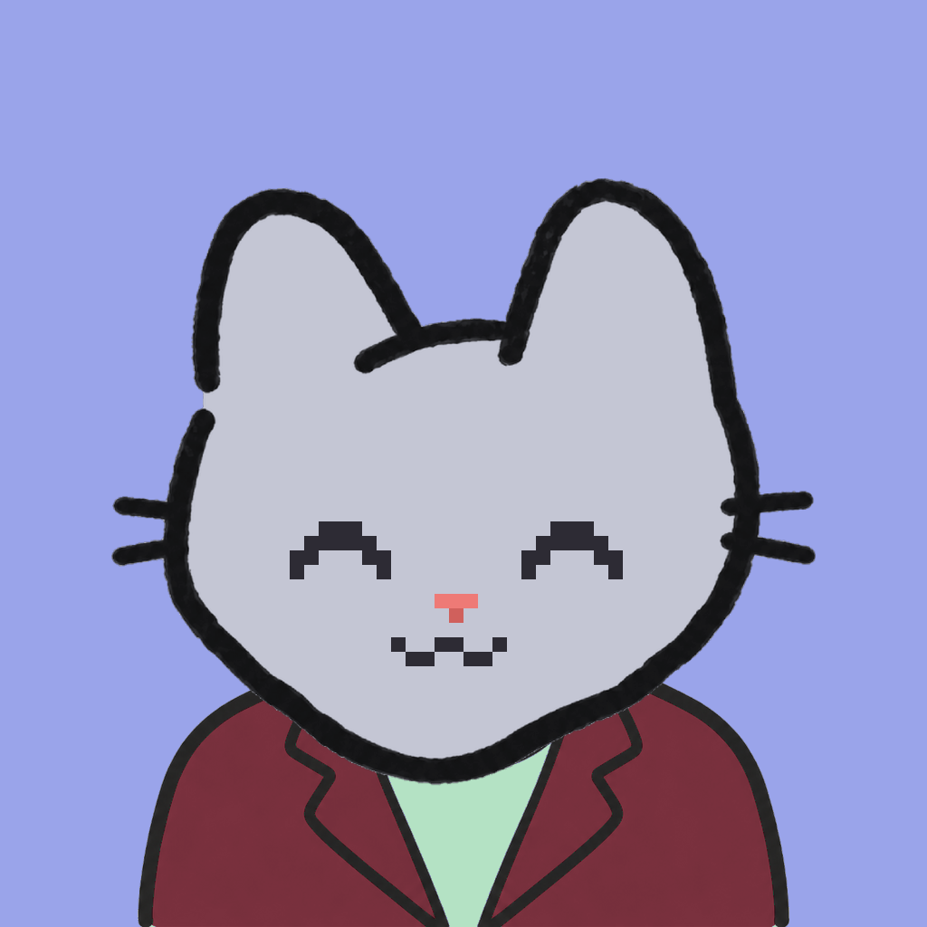 Employee #2584 — a gray cat, in a burgundy suit, on periwinkle