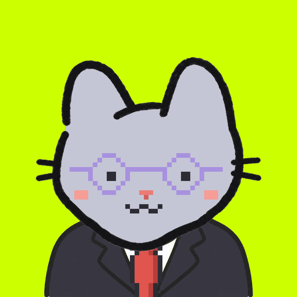 Employee #2585 — a gray cat, in a black suit, with a red tie, wearing round-lavender glasses, on volt