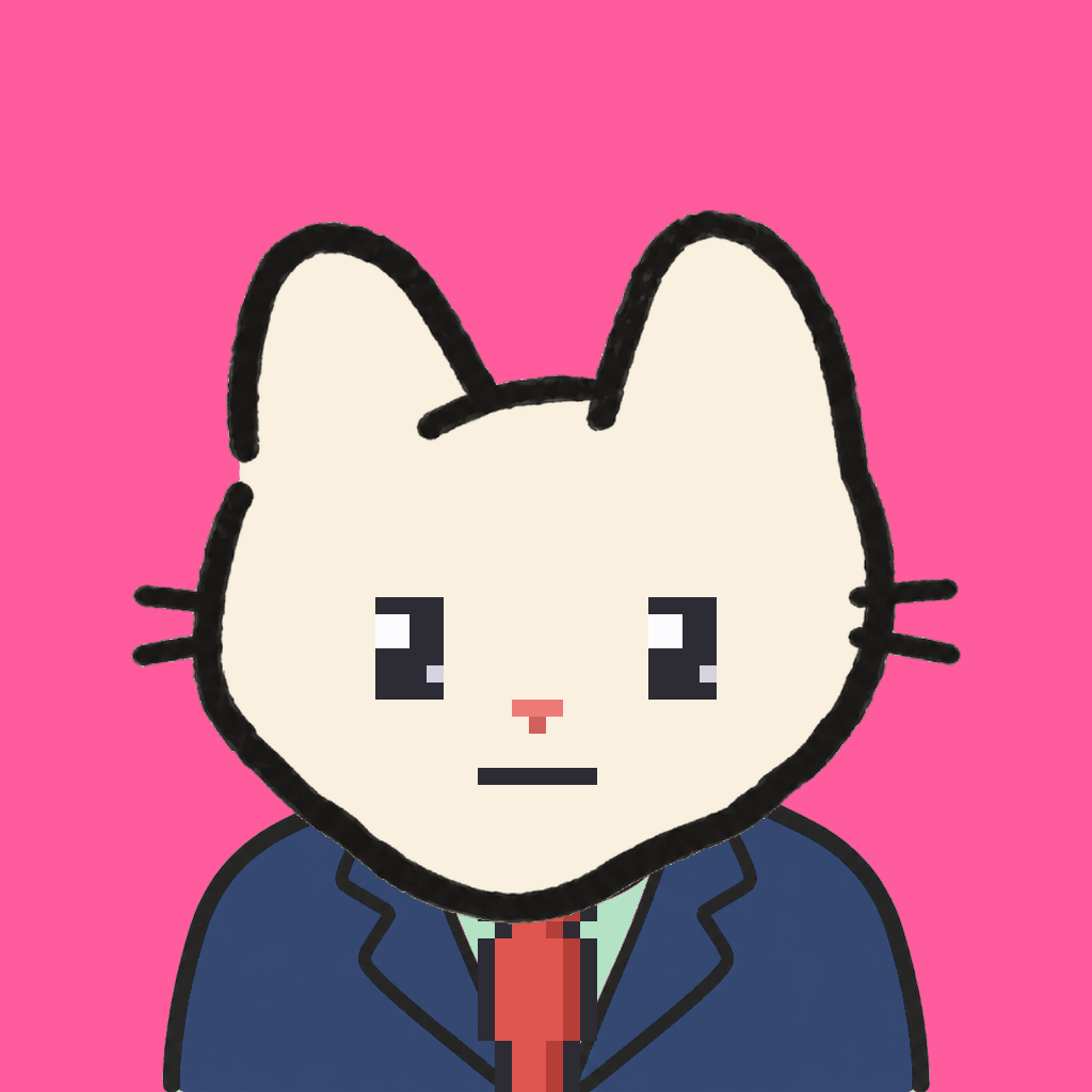 Employee #2586 — a cream cat, in a navy suit, with a red tie, on hot pink