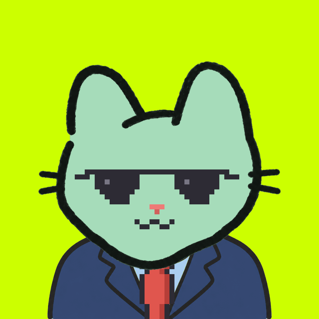Employee #2587 — a mint cat, in a navy suit, with a red tie, wearing shades glasses, on volt