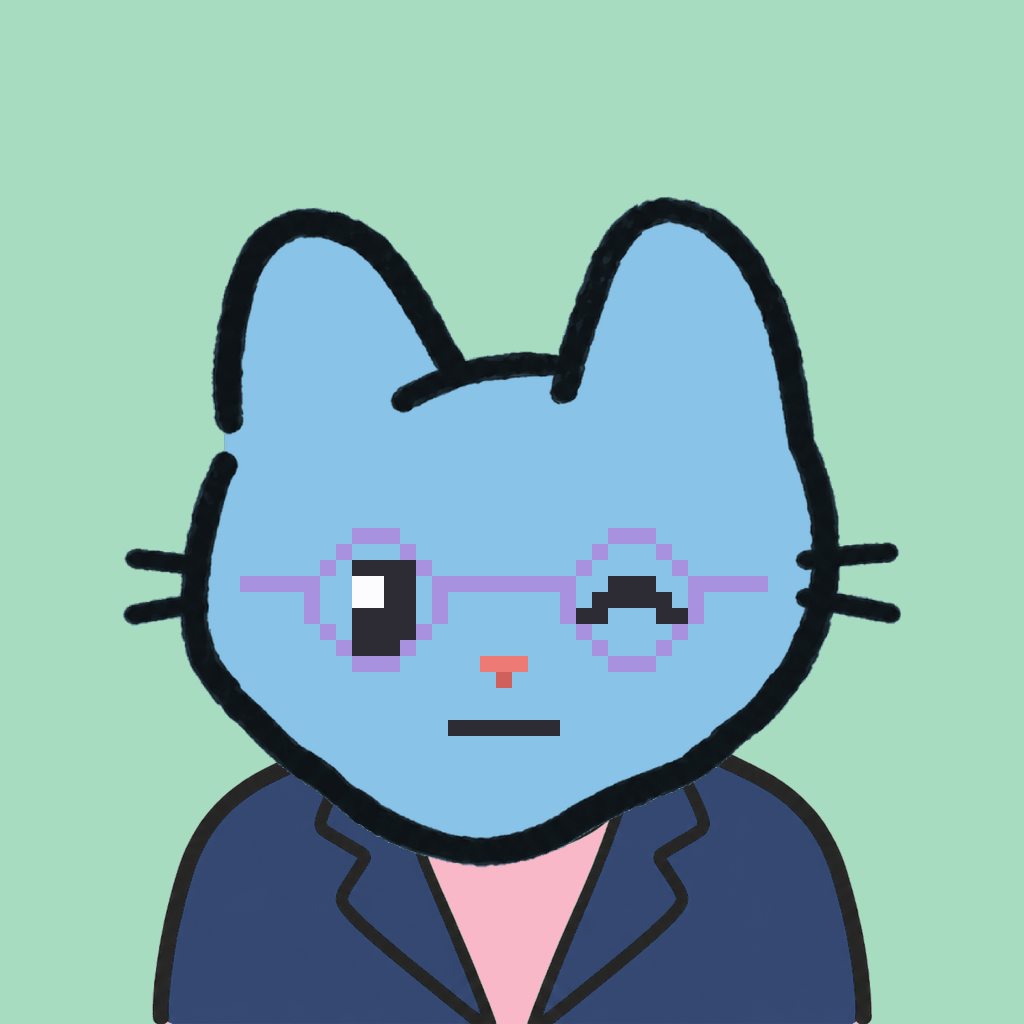 Employee #2588 — a sky cat, in a navy suit, wearing round-lavender glasses, on mint