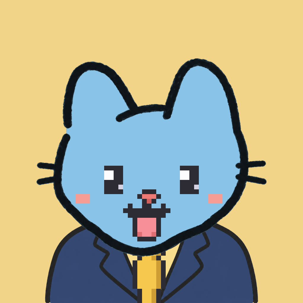 Employee #2589 — a sky cat, in a navy suit, with a gold tie, on butter