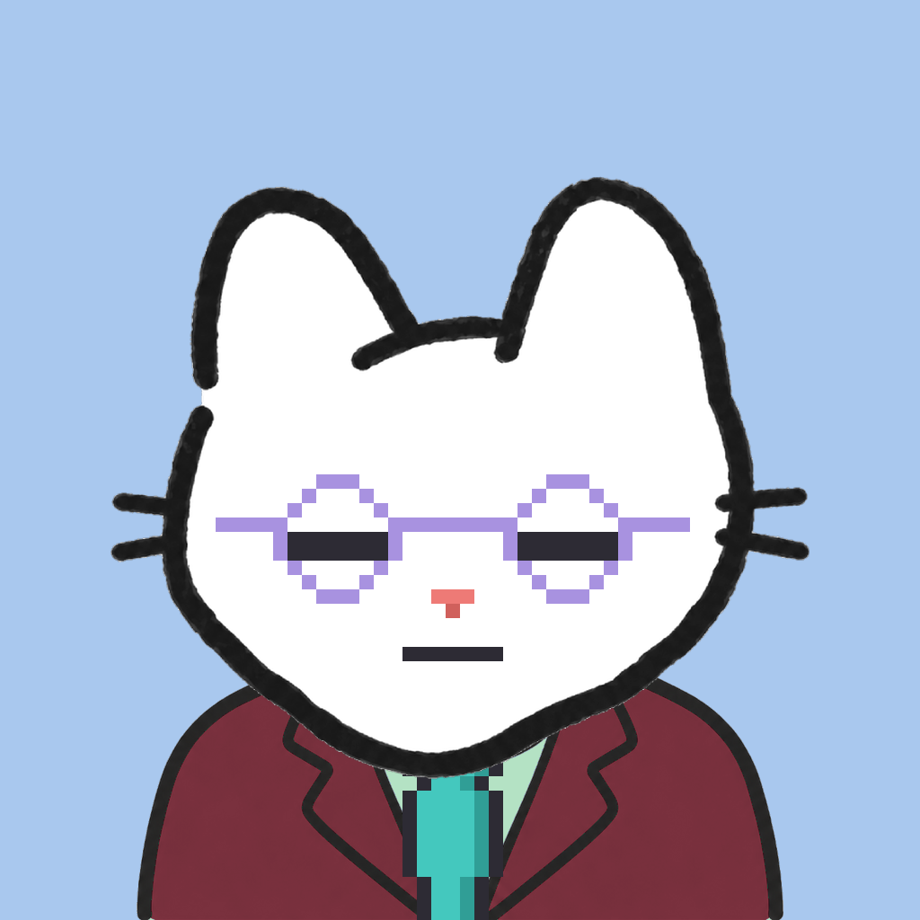 Employee #0259 — a white cat, in a burgundy suit, with a teal tie, wearing round-lavender glasses, on sky