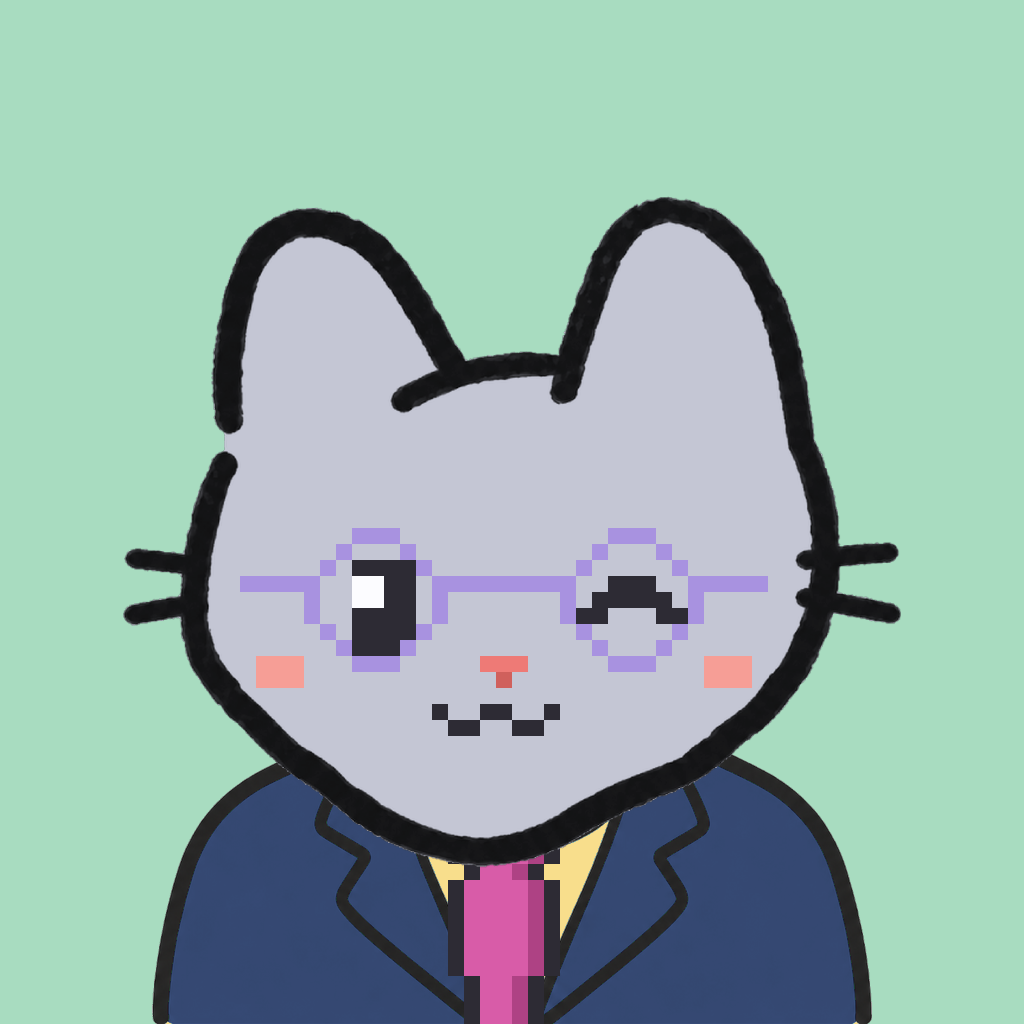 Employee #2591 — a gray cat, in a navy suit, with a magenta tie, wearing round-lavender glasses, on mint