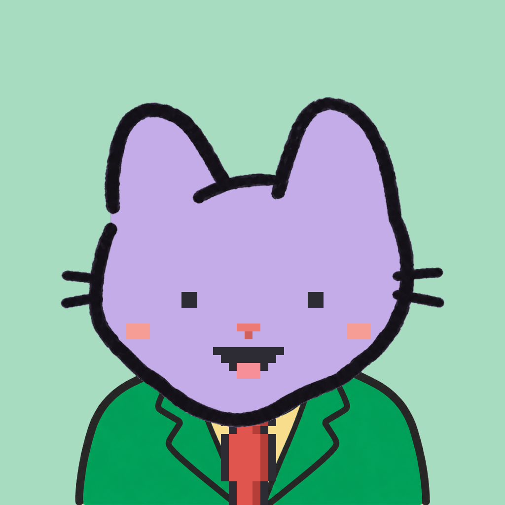Employee #2592 — a lavender cat, in a green suit, with a red tie, on mint