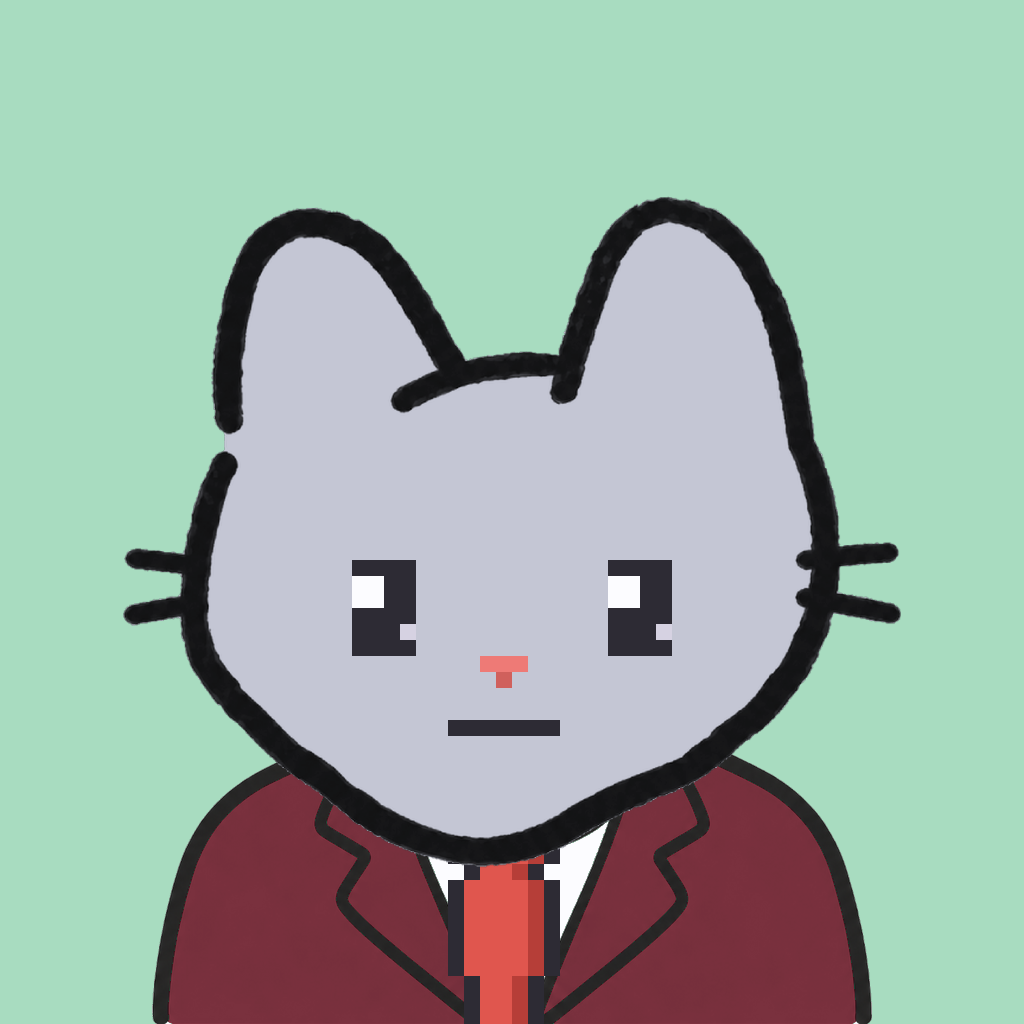 Employee #2593 — a gray cat, in a burgundy suit, with a red tie, on mint