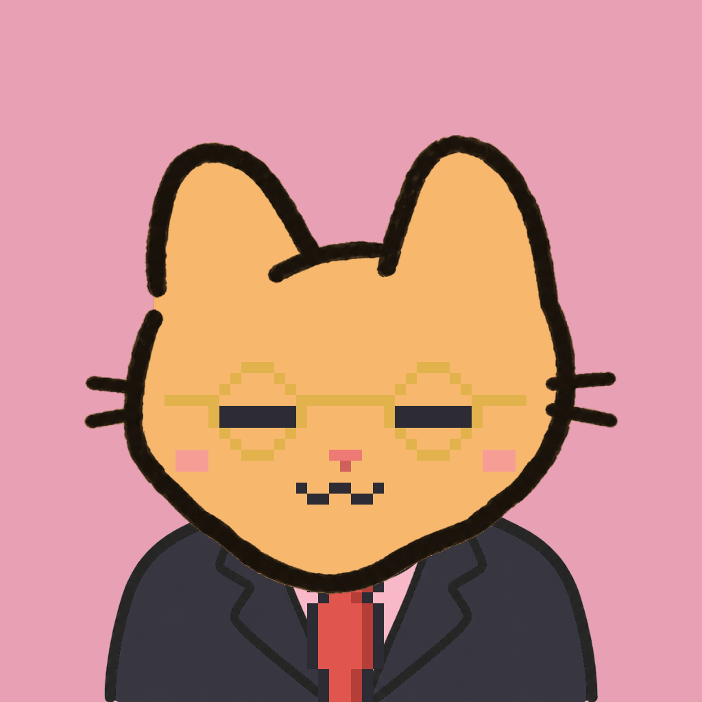 Employee #2594 — a tabby cat, in a black suit, with a red tie, wearing round-gold glasses, on rose