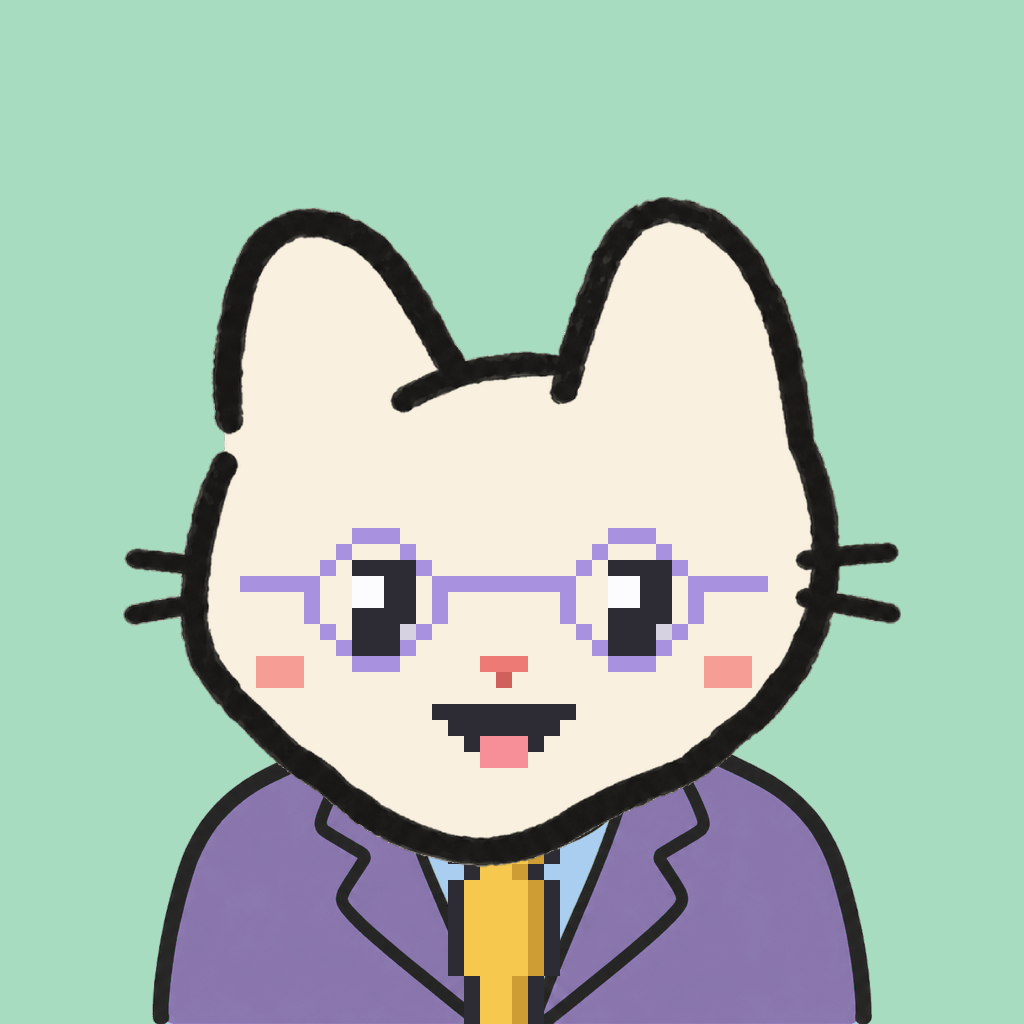 Employee #2595 — a cream cat, in a lavender suit, with a gold tie, wearing round-lavender glasses, on mint