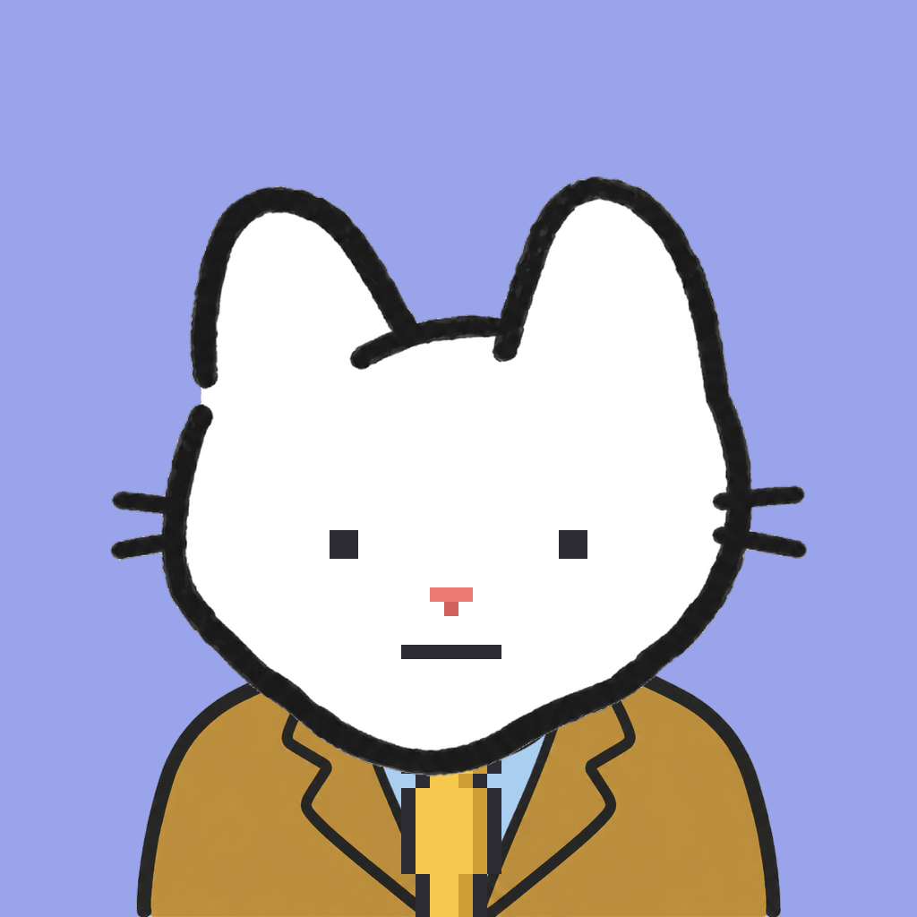 Employee #2596 — a white cat, in a mustard suit, with a gold tie, on periwinkle