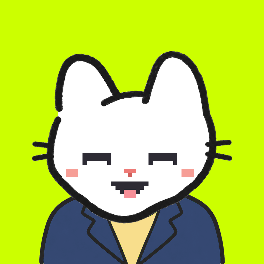 Employee #2597 — a white cat, in a navy suit, on volt