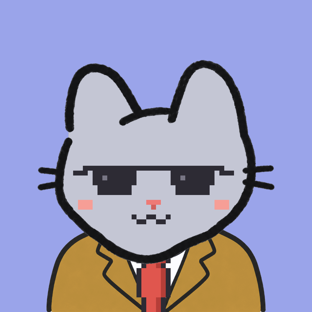 Employee #2598 — a gray cat, in a mustard suit, with a red tie, wearing shades glasses, on periwinkle