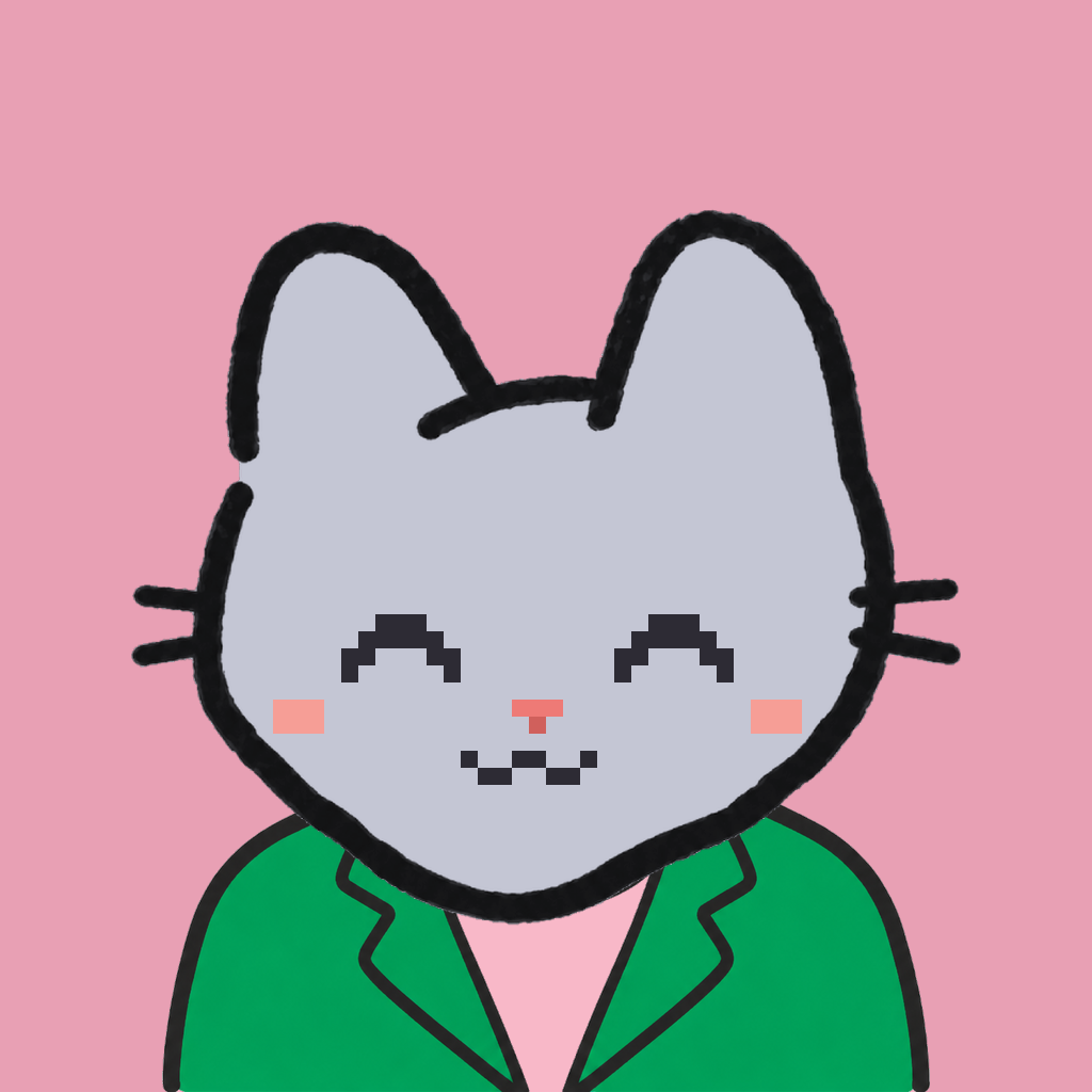 Employee #2599 — a gray cat, in a green suit, on rose