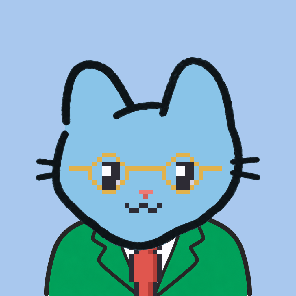 Employee #0026 — a sky cat, in a green suit, with a red tie, wearing round-gold glasses, on sky