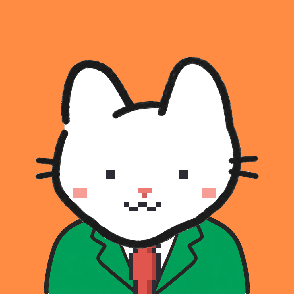 Employee #0260 — a white cat, in a green suit, with a red tie, on tangerine