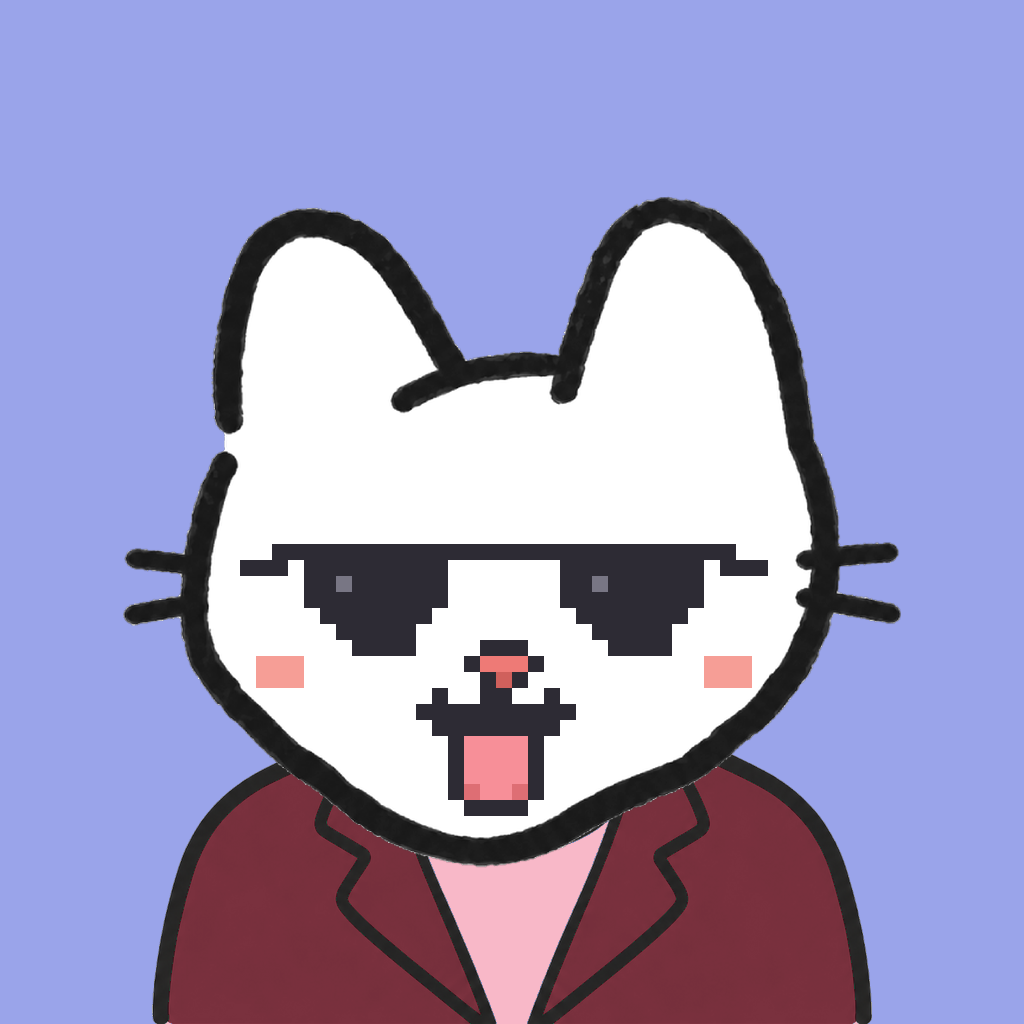 Employee #2600 — a white cat, in a burgundy suit, wearing shades glasses, on periwinkle