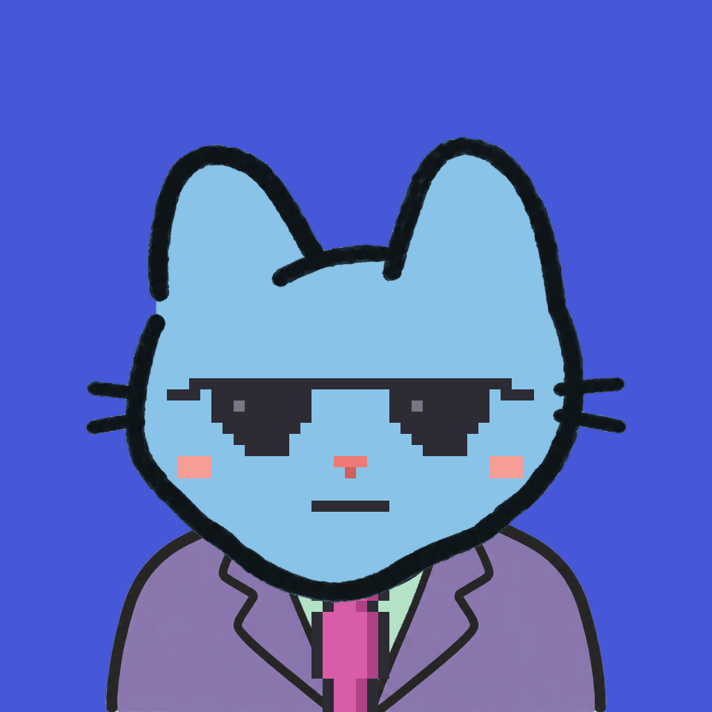 Employee #2601 — a sky cat, in a lavender suit, with a magenta tie, wearing shades glasses, on royal