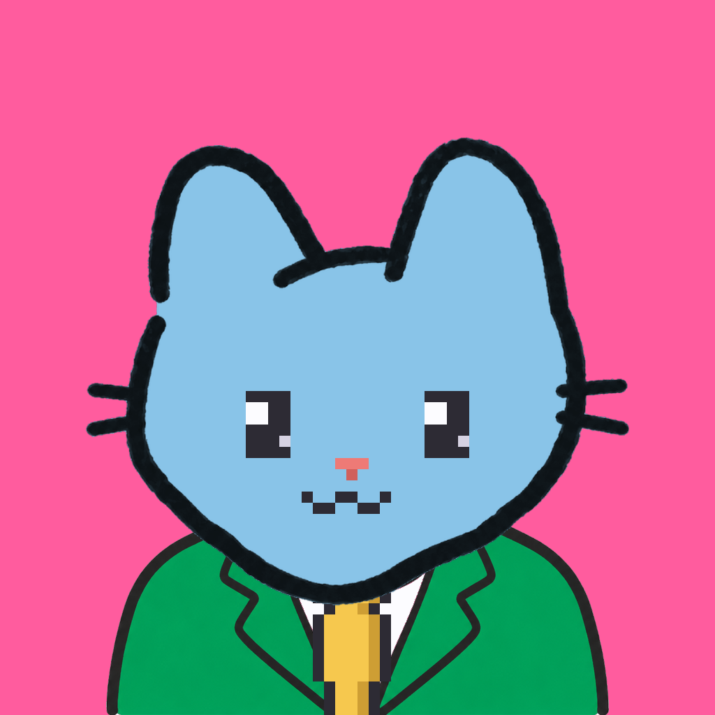 Employee #2602 — a sky cat, in a green suit, with a gold tie, on hot pink